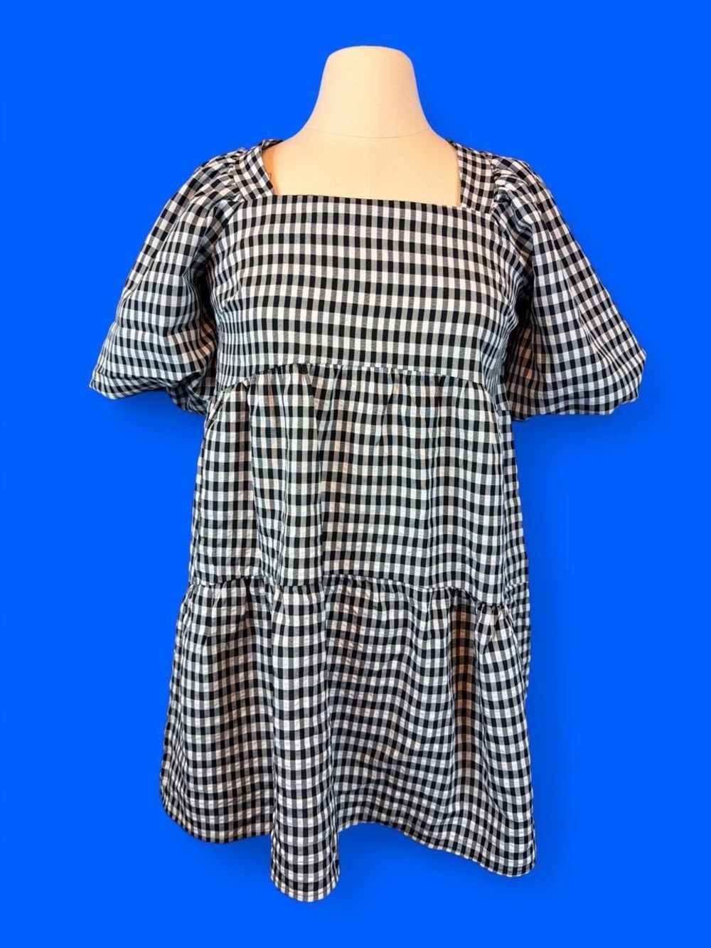 Nasty Gal Black and White Gingham Puff-Sleeve Tiered Babydoll Dress